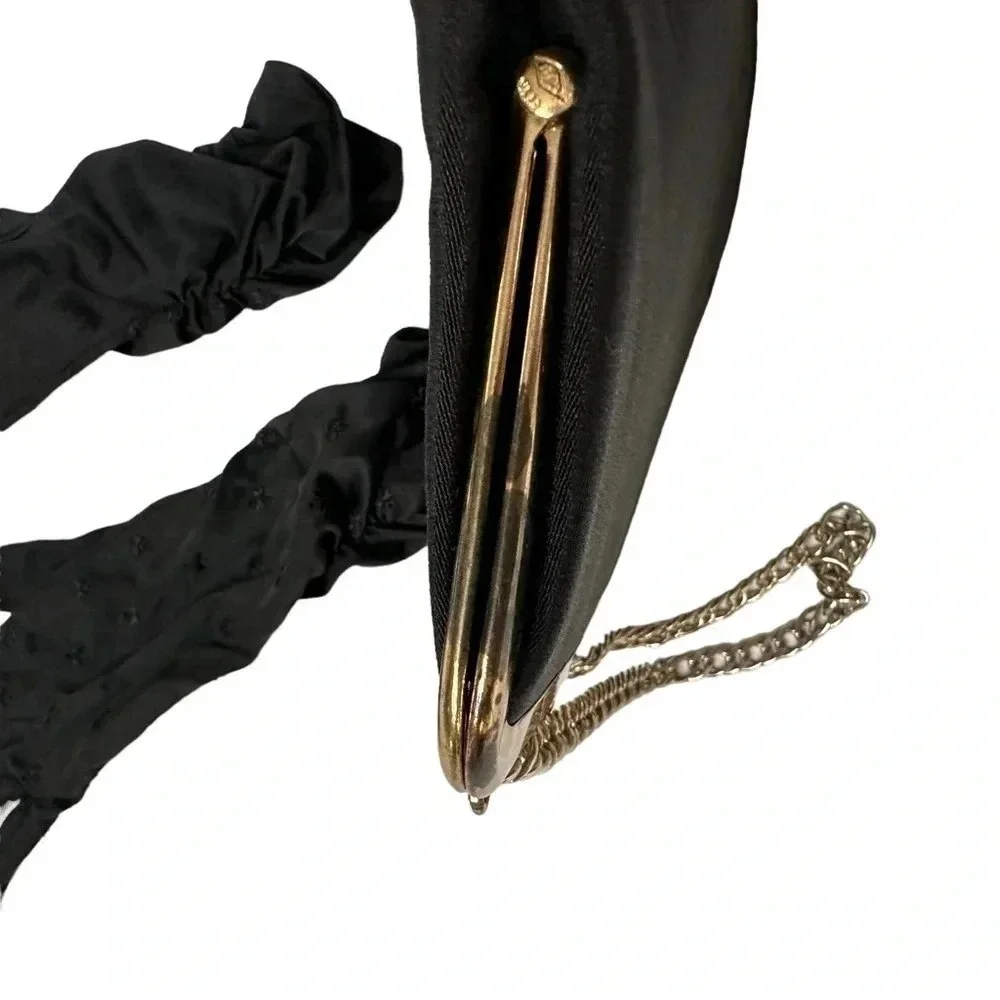 Vintage Handbag and Gloves Set OS Black Velvet‎ Gold Chain Kiss Lock Embroidered